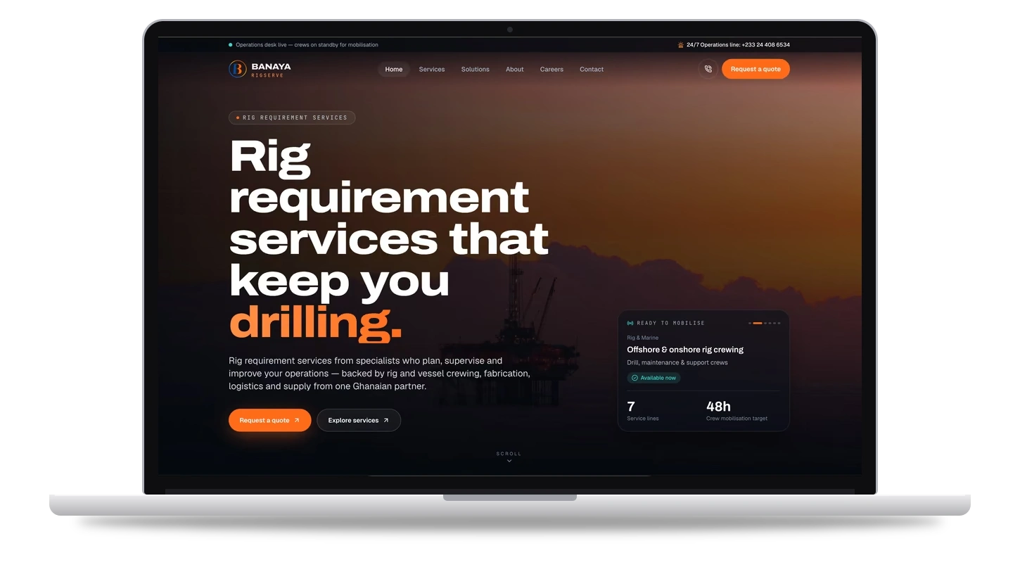 Banaya RigServe website on a laptop