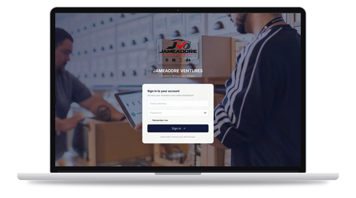 Jameaddre Ventures admin system on a laptop